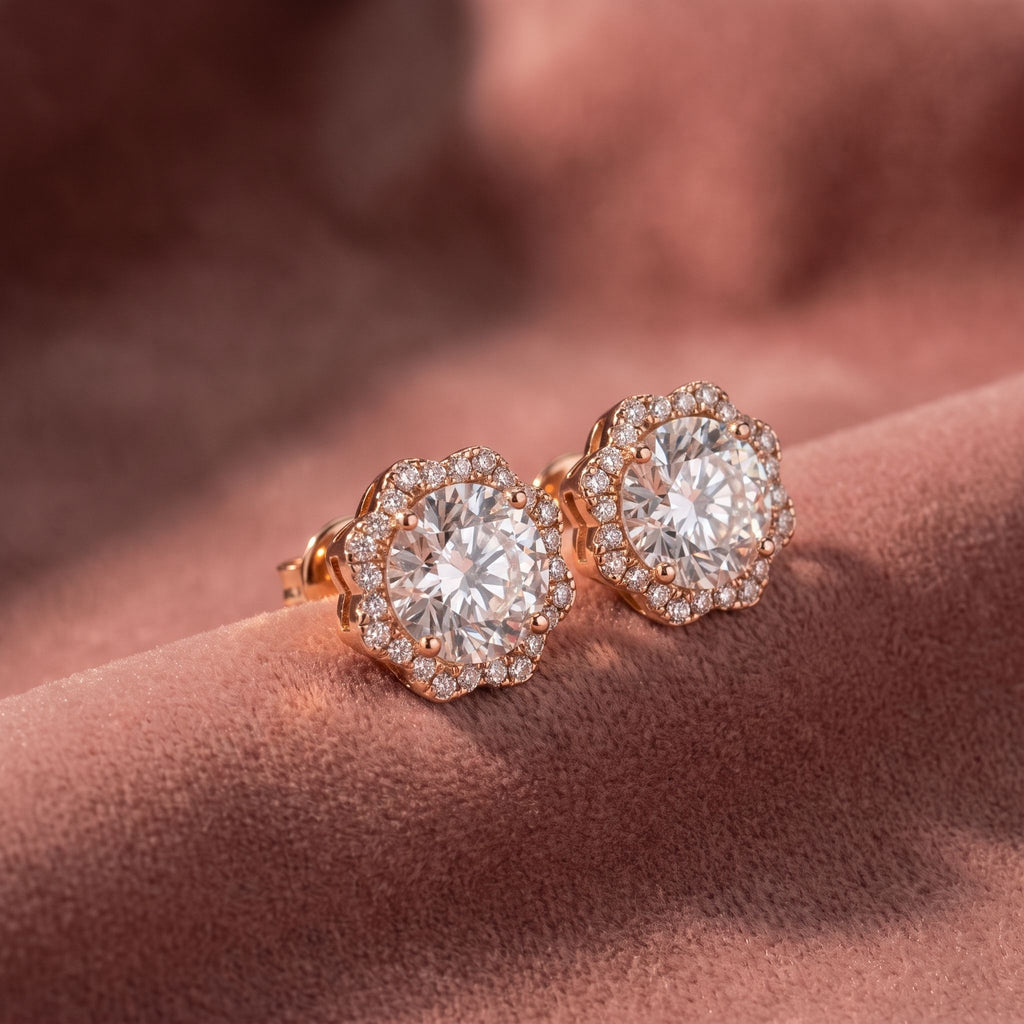 18K Halo Diamond Earrings — AI cloth, in-house