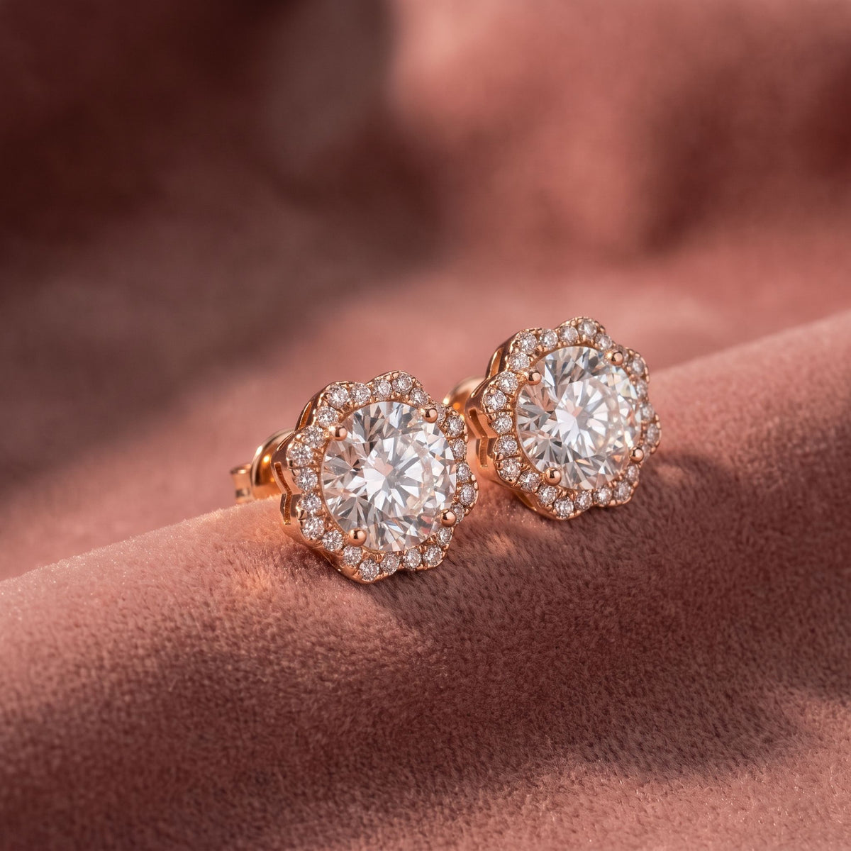 18K Halo Diamond Earrings — AI cloth, in-house
