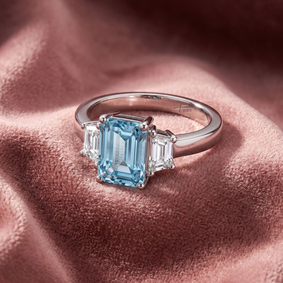 18K Trilogy Radiant Diamond Ring — AI cloth, in-house