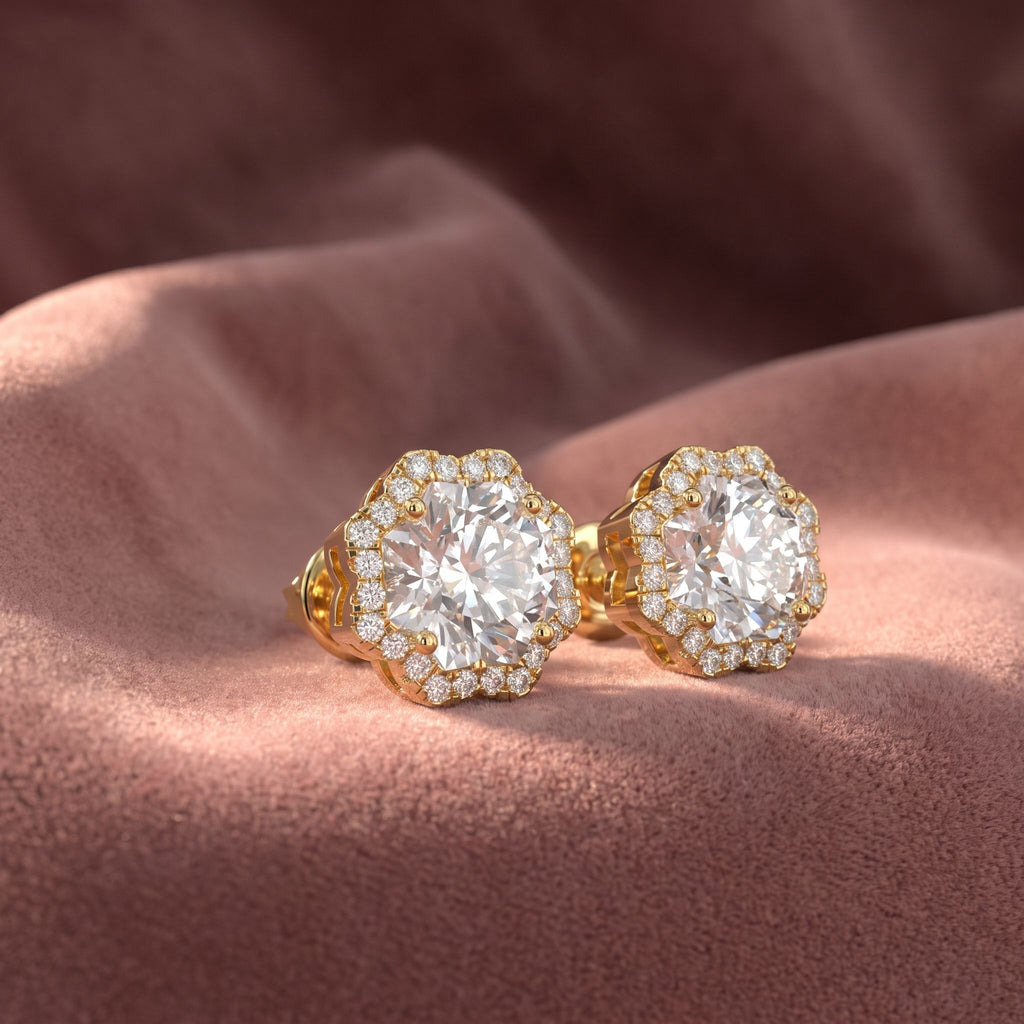 18K Halo Diamond Earrings — AI cloth, in-house