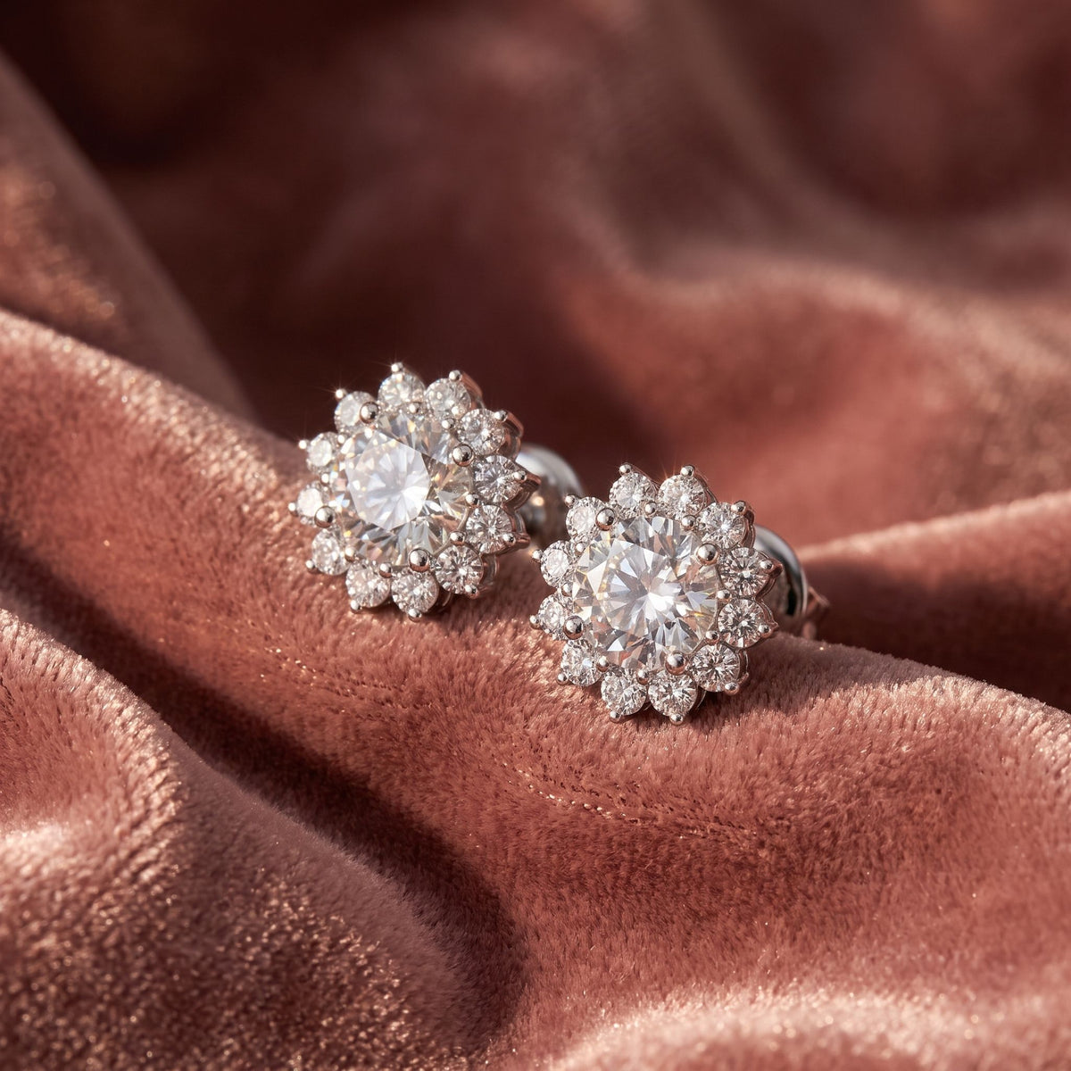18K Halo Diamond Earrings — AI cloth, in-house