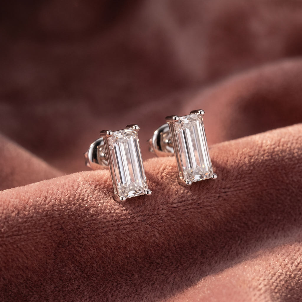 18K Baguette Solitaire Diamond Earrings — AI cloth, in-house