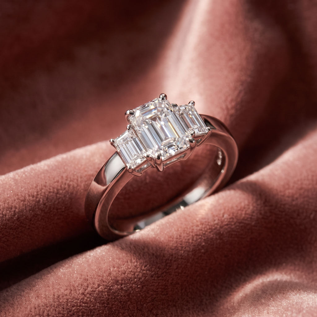 18K Trilogy Emerald Diamond Ring — AI cloth, in-house