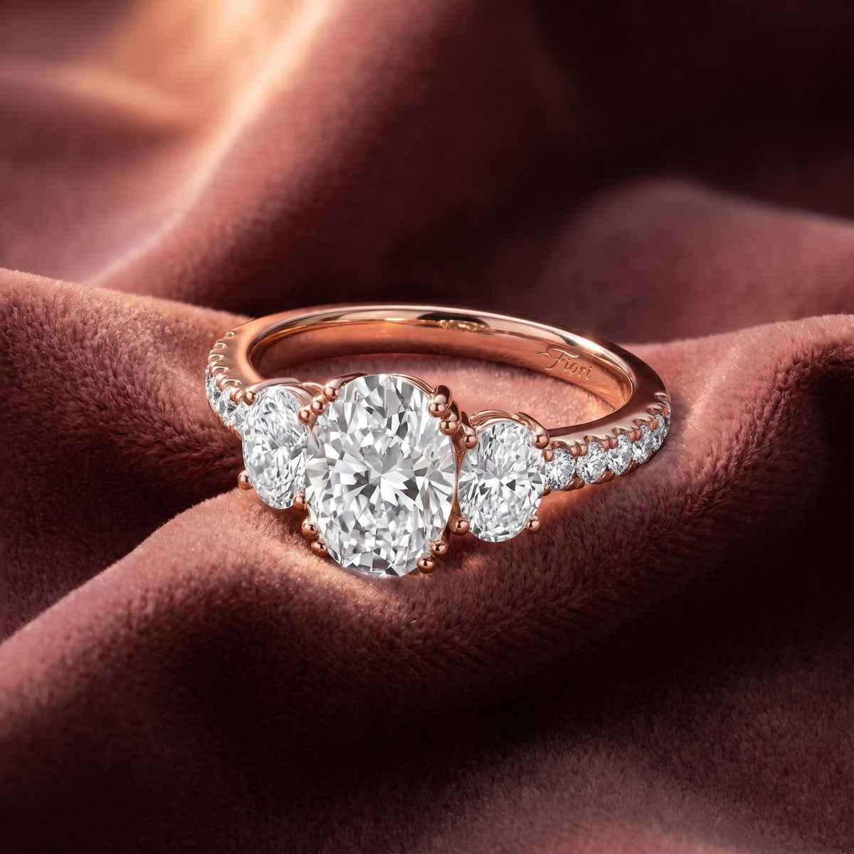 18K Trilogy Oval Diamond Engagement Ring — AI cloth, in-house