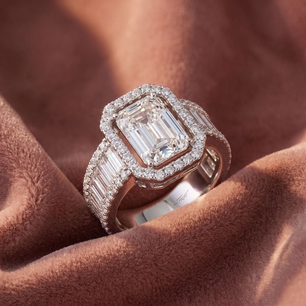 18K Halo Emerald Diamond Engagement Ring — AI cloth, in-house