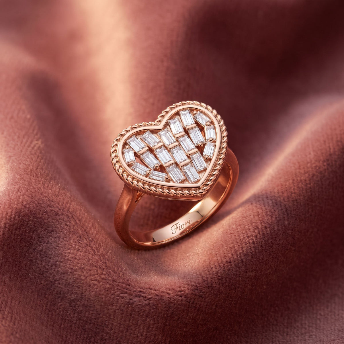 18K Heart Baguette Diamond Ring — AI cloth, in-house