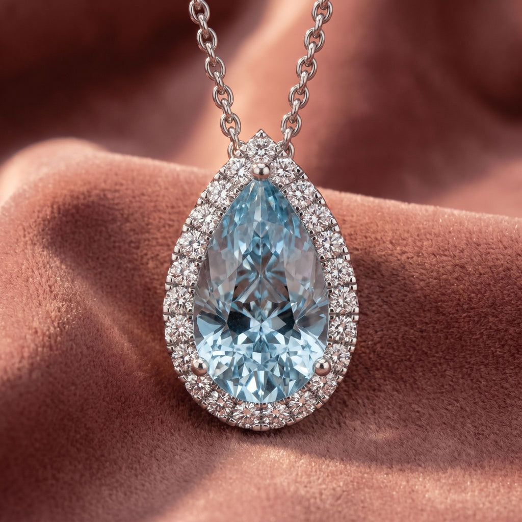 18K Halo Pear Diamond Pendant — AI cloth, in-house