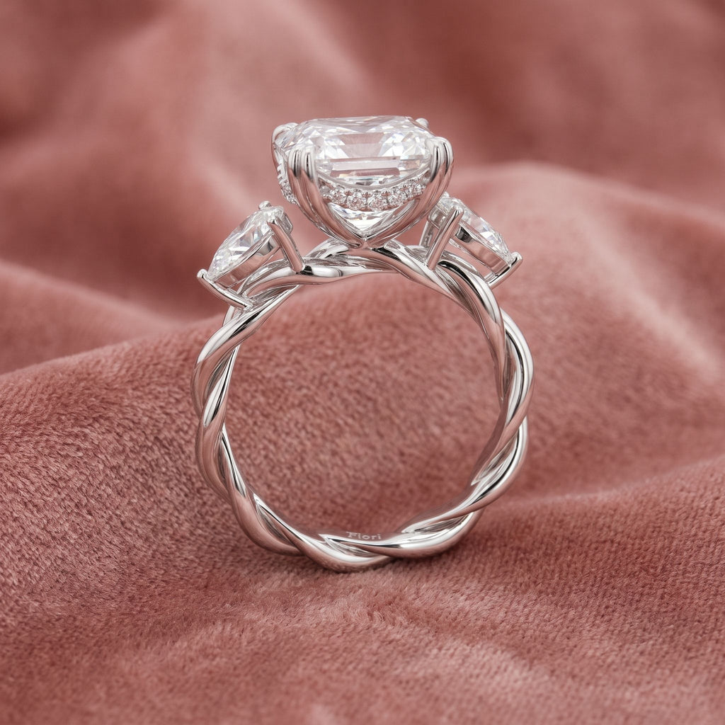 18K Trilogy Cushion Diamond Engagement Ring — AI cloth, in-house