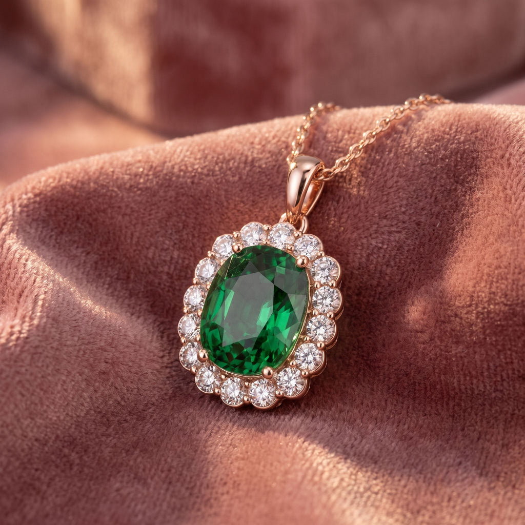18K Halo Solitaire Emerald Diamond Pendant — AI cloth, in-house