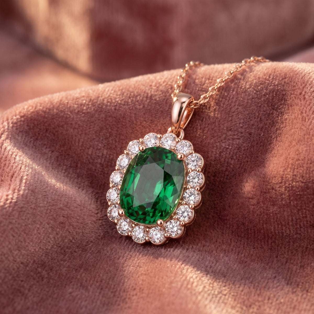 18K Halo Solitaire Emerald Diamond Pendant — AI cloth, in-house