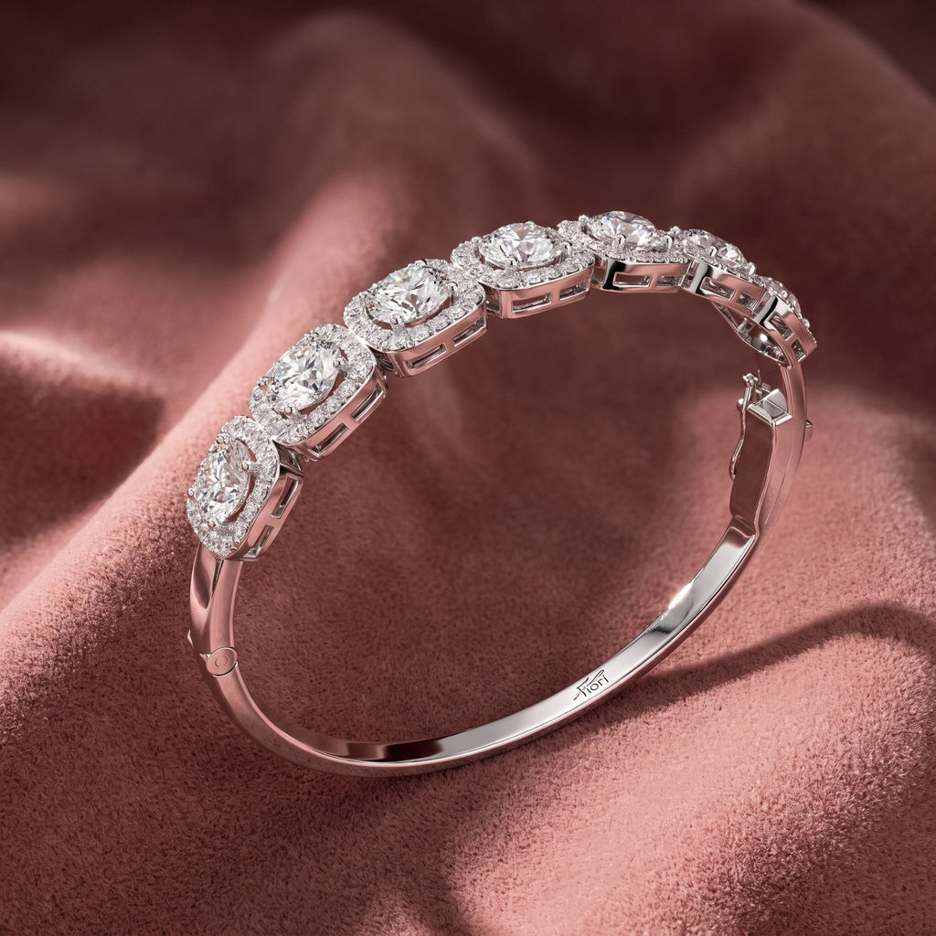 18K Halo Round Diamond Bangle — AI cloth, in-house