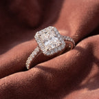 18K Halo Emerald-Cut Diamond Ring — AI cloth, in-house