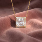18K Solitaire Halo Princess Diamond Pendant — AI cloth, in-house