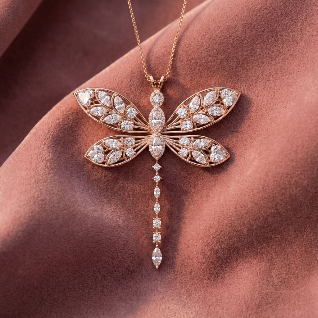 18K Dragonfly Marquise Diamond Pendant — AI cloth, in-house