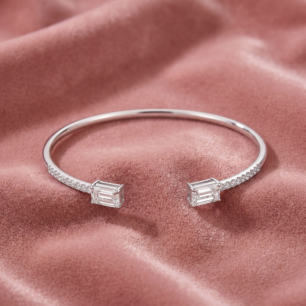 18K Emerald Cut Diamond Bangle — AI cloth, in-house