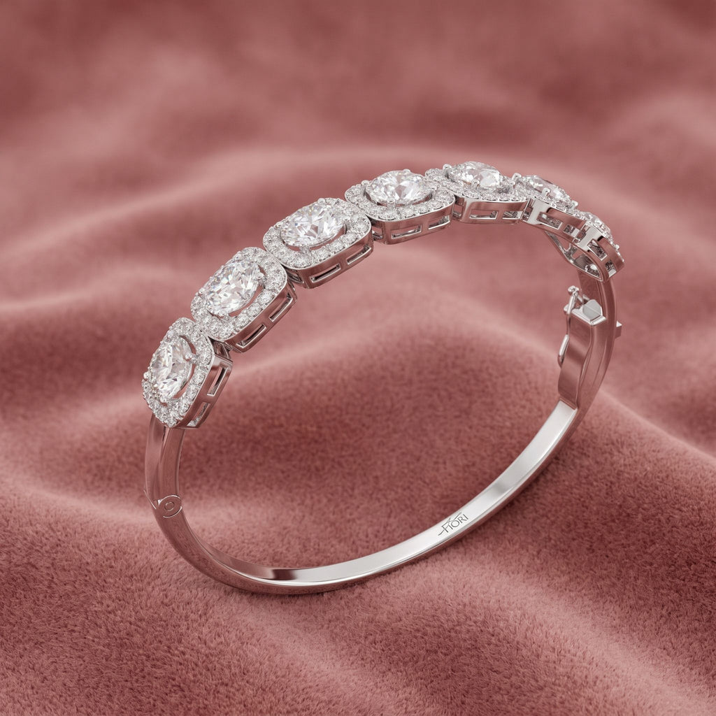 18K Halo Round Diamond Bangle — AI cloth, in-house