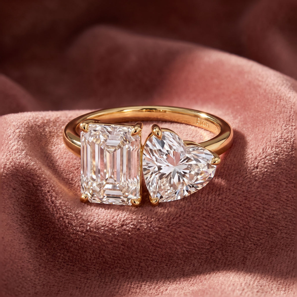 18K Emerald and Heart Diamond Engagement Ring — AI cloth, in-house