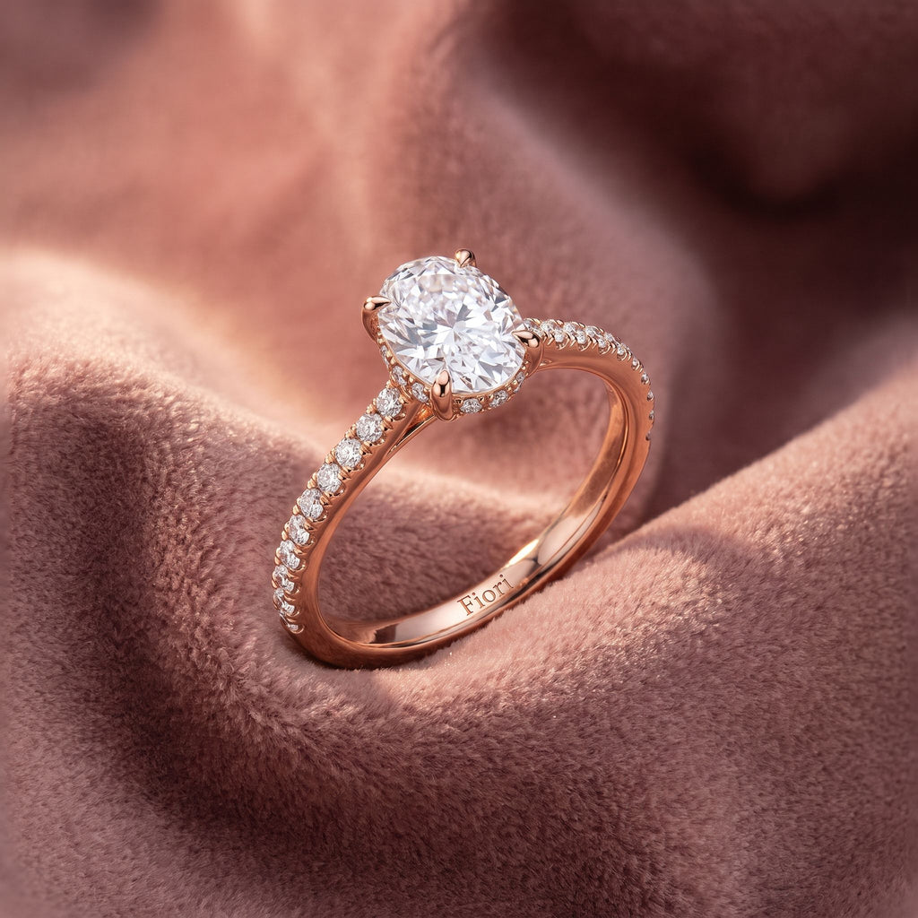 18K Shoulder Set Oval Diamond Engagement Ring — AI cloth, in-house