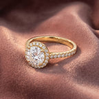 18K Halo Round Solitaire Diamond Ring — AI cloth, in-house