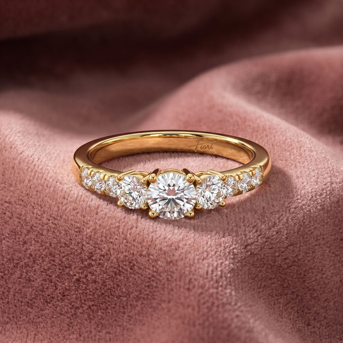 18K Bespoke Round Diamond Trilogy Ring — AI cloth, in-house