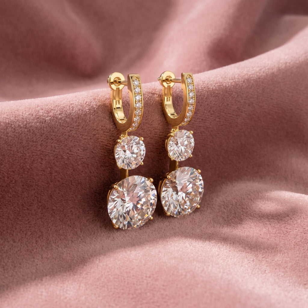 18K Three Stone Diamond Drop Earrings — AI cloth, in-house