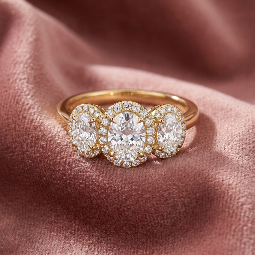 18K Trilogy Halo Oval Diamond Ring — AI cloth, in-house