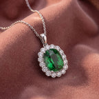 18K Halo Solitaire Emerald Diamond Pendant — AI cloth, in-house