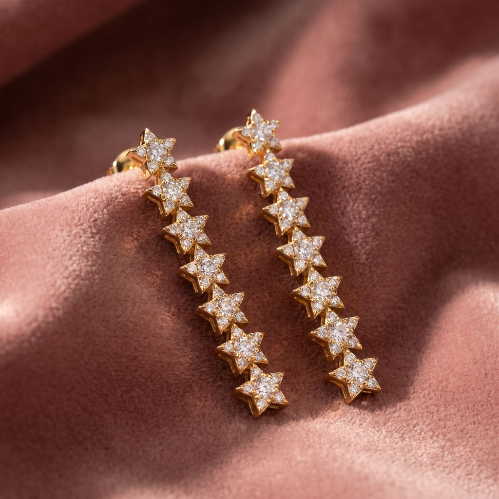 18K Round Star Drop Diamond Earrings — AI cloth, in-house