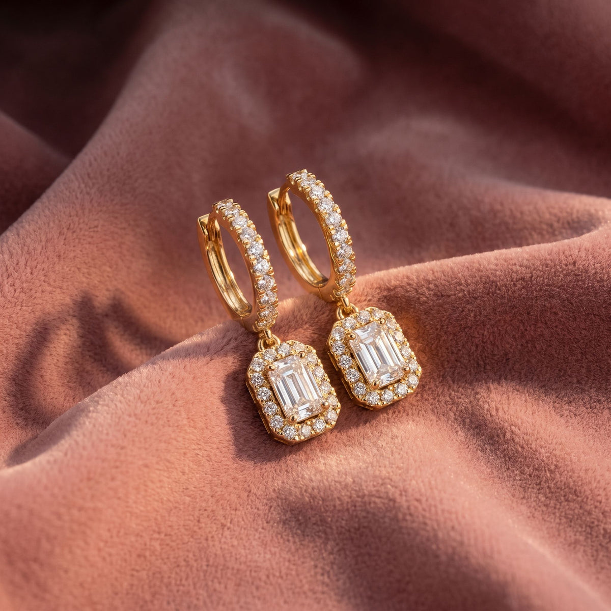 18K Emerald Halo Drop Diamond Earrings — AI cloth, in-house