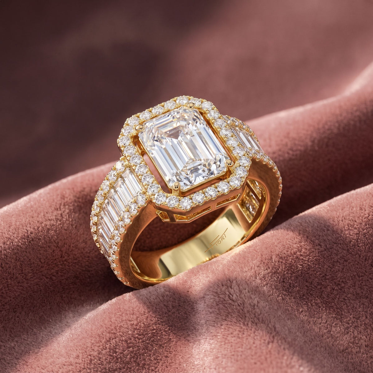 18K Halo Emerald Diamond Engagement Ring — AI cloth, in-house