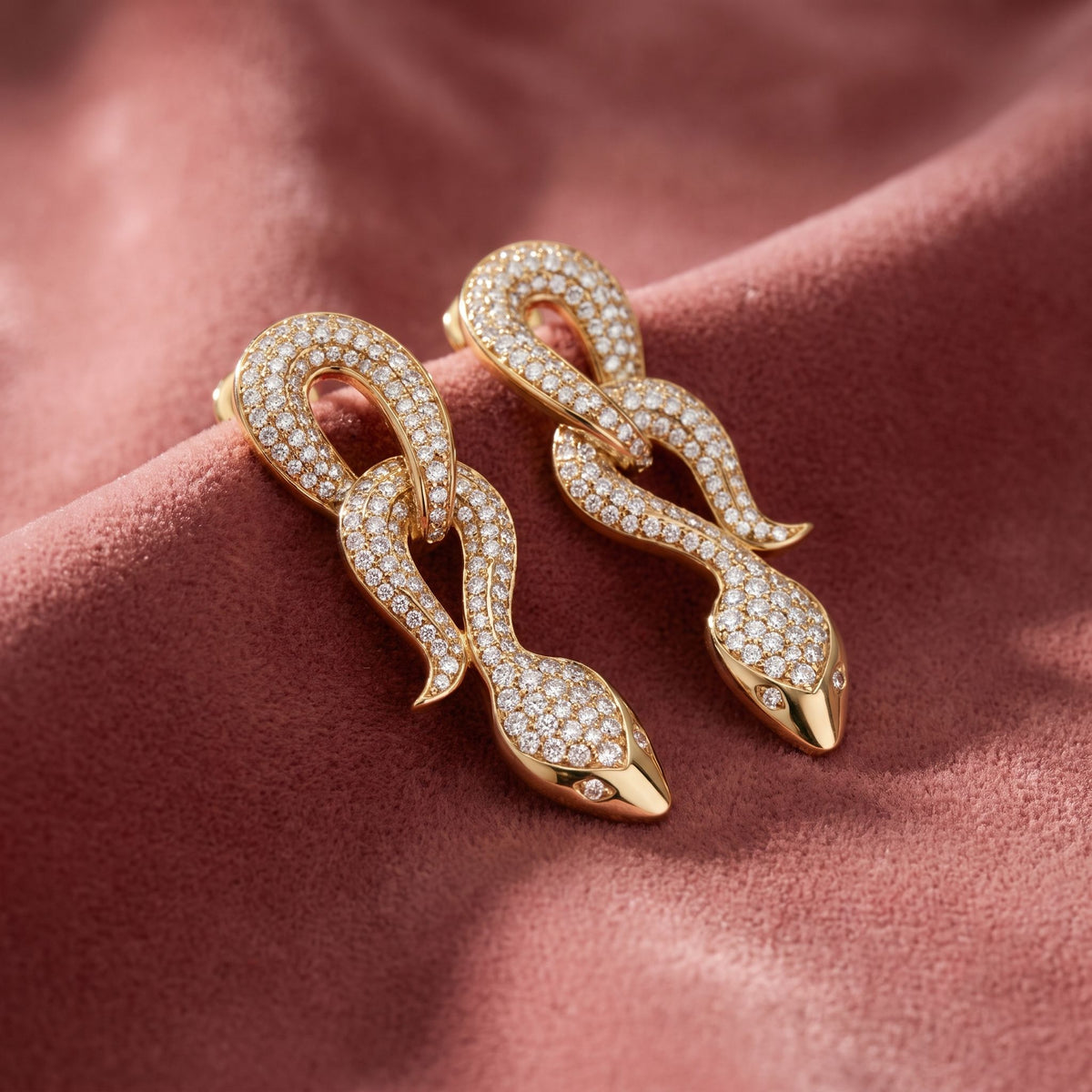 18K Snake Drop Bespoke Diamond Earrings — AI cloth, in-house