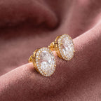 18K Oval Halo Diamond Earrings — AI cloth, in-house