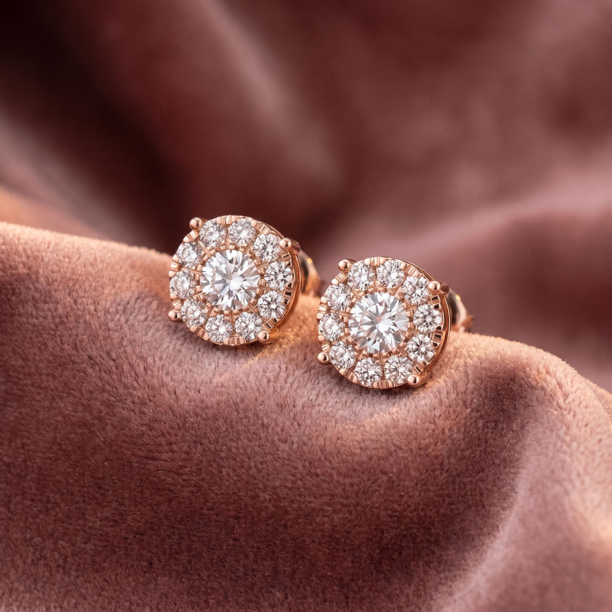 18K Round Floral Halo Diamond Earrings — AI cloth, in-house