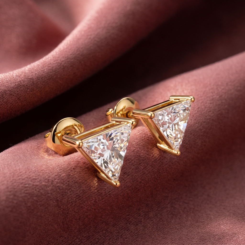 18K Triangle Solitaire Diamond Earrings — AI cloth, in-house
