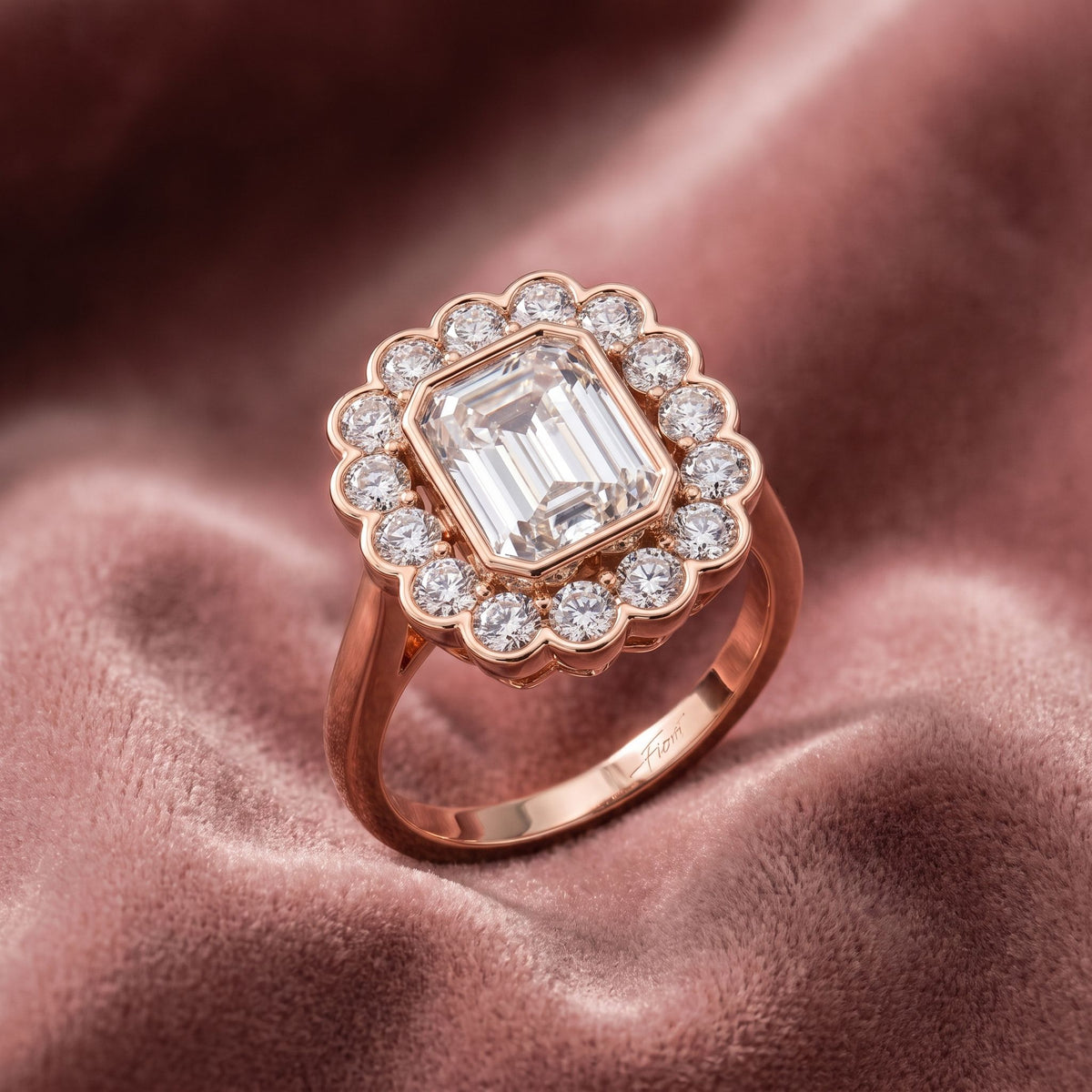 18K Halo Emerald Cut Diamond Solitaire Ring — AI cloth, in-house