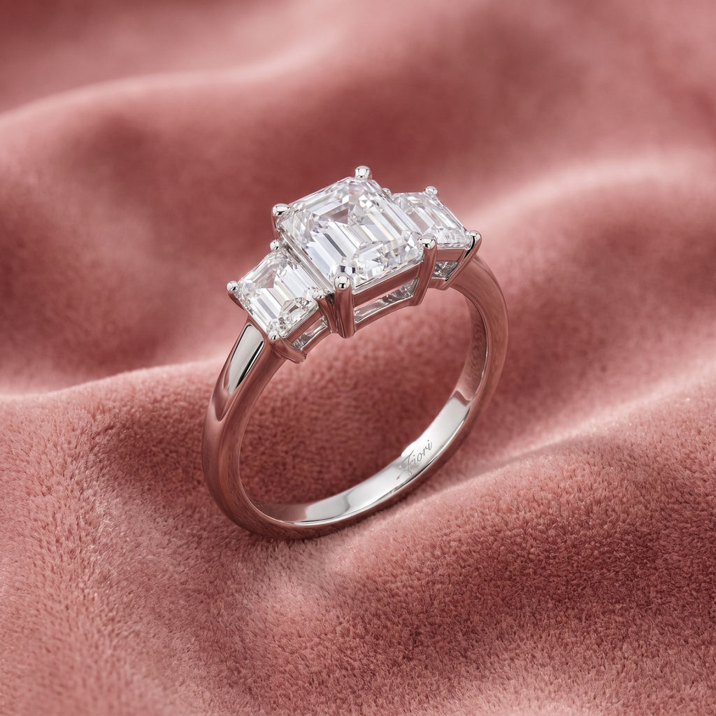 18K Trilogy Emerald Diamond Ring — AI cloth, in-house