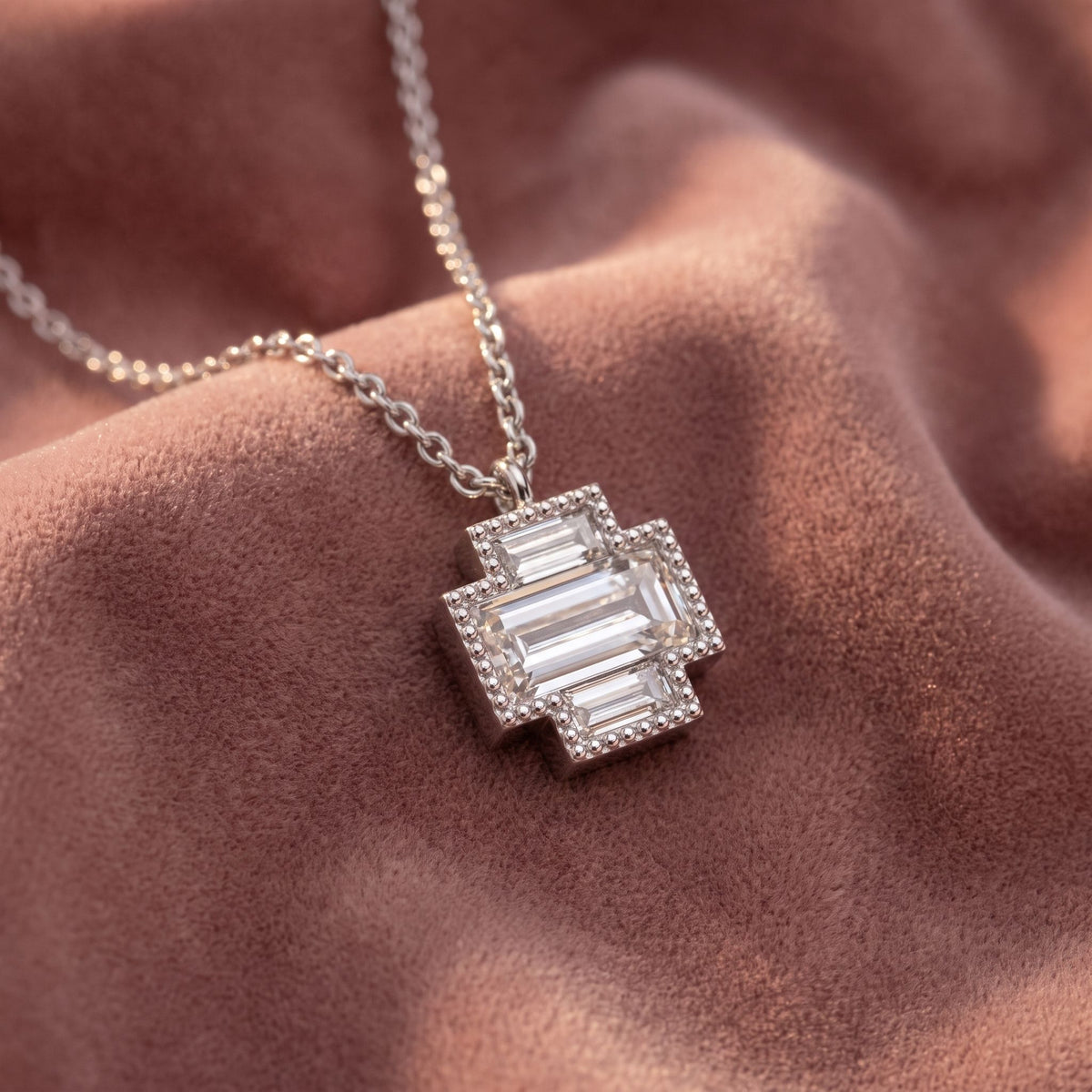 14K Baguette Diamond Pendant — AI cloth, in-house