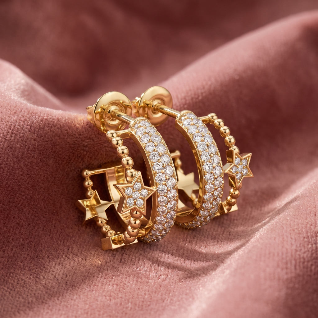 18K Crescent Moon and Stars Diamond Earrings — AI cloth, in-house