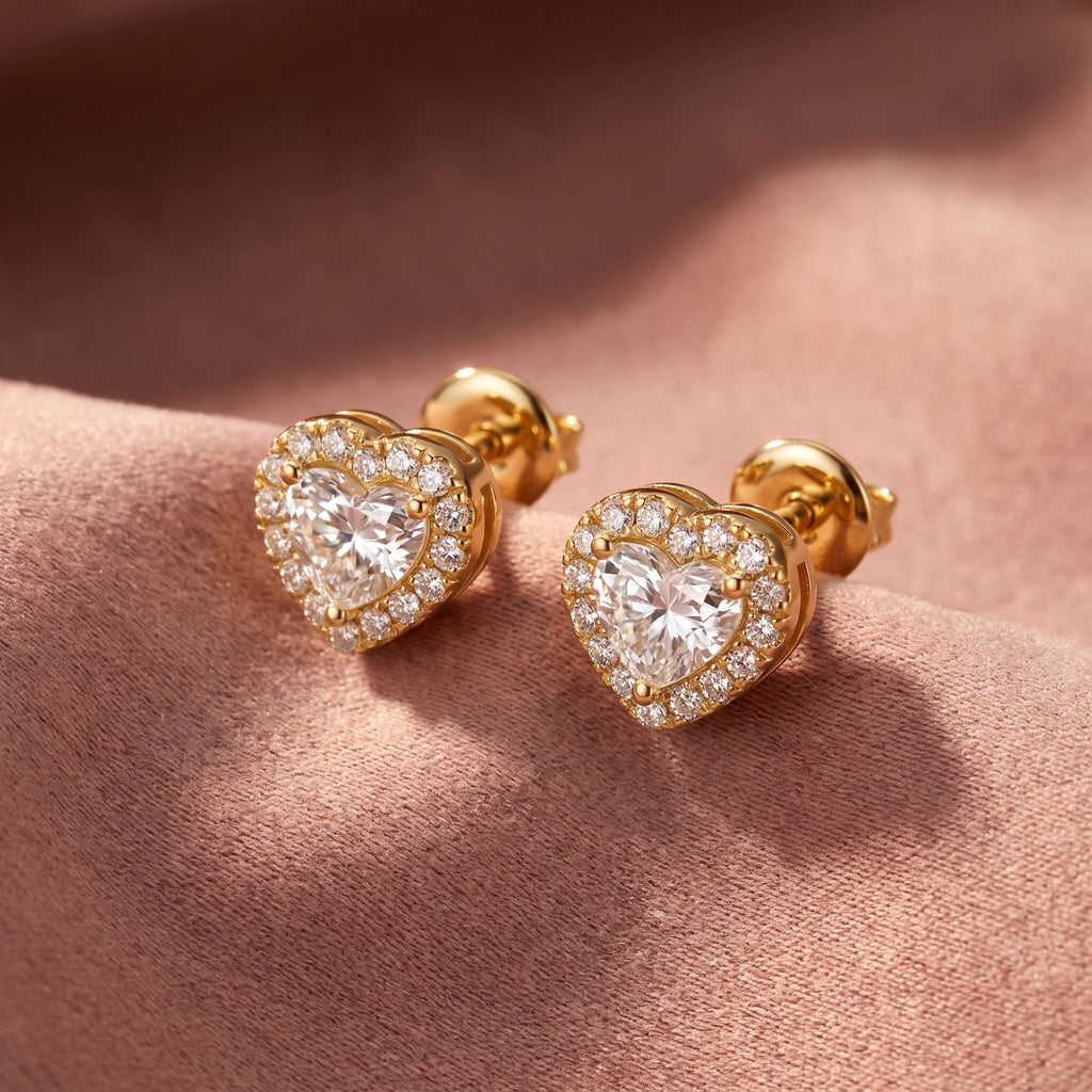 18K Heart Halo Diamond Earrings — AI cloth, in-house