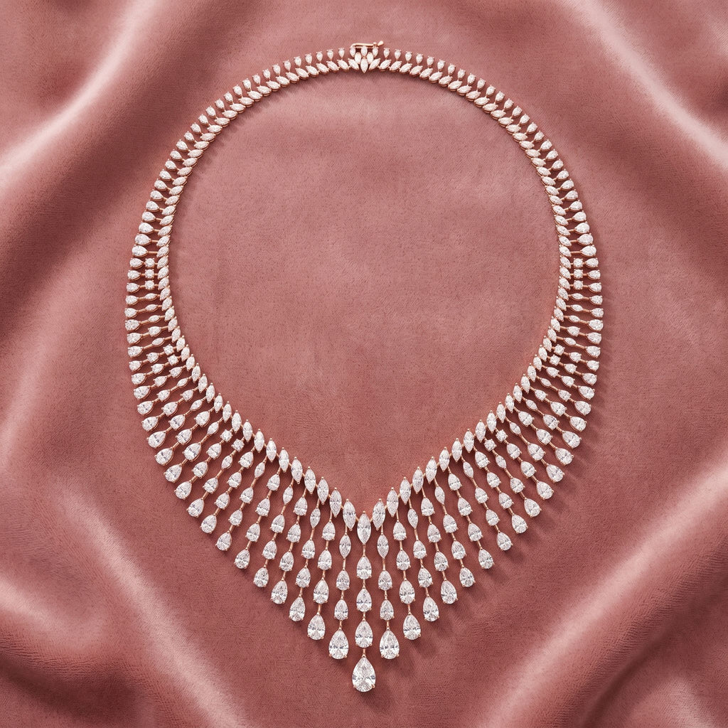 18K Teardrop Halo Diamond Necklace — AI cloth, in-house
