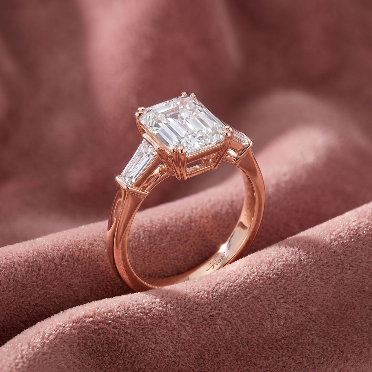 18K Trilogy Emerald-Cut Diamond Ring — AI cloth, in-house