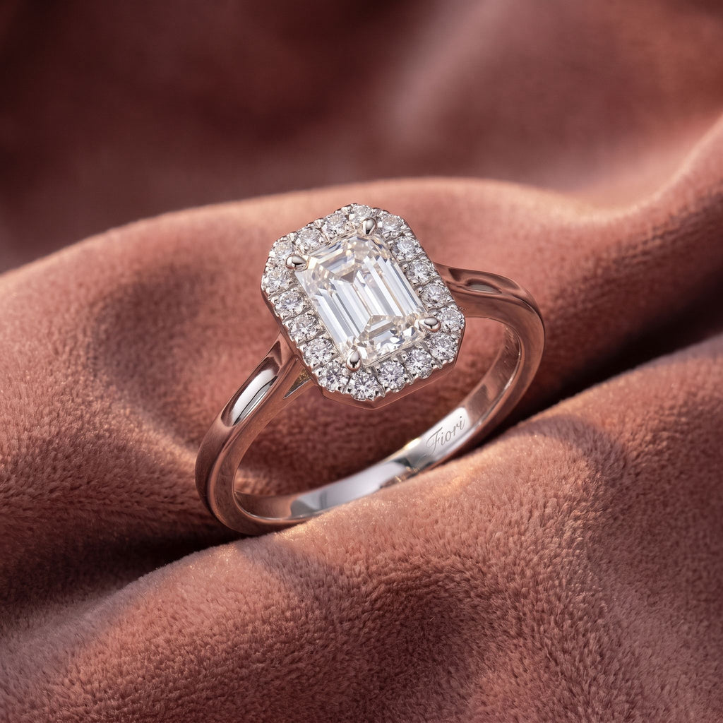 18K Halo Emerald-Cut Diamond Ring — AI cloth, in-house
