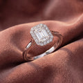 18K Halo Emerald-Cut Diamond Ring — AI cloth, in-house