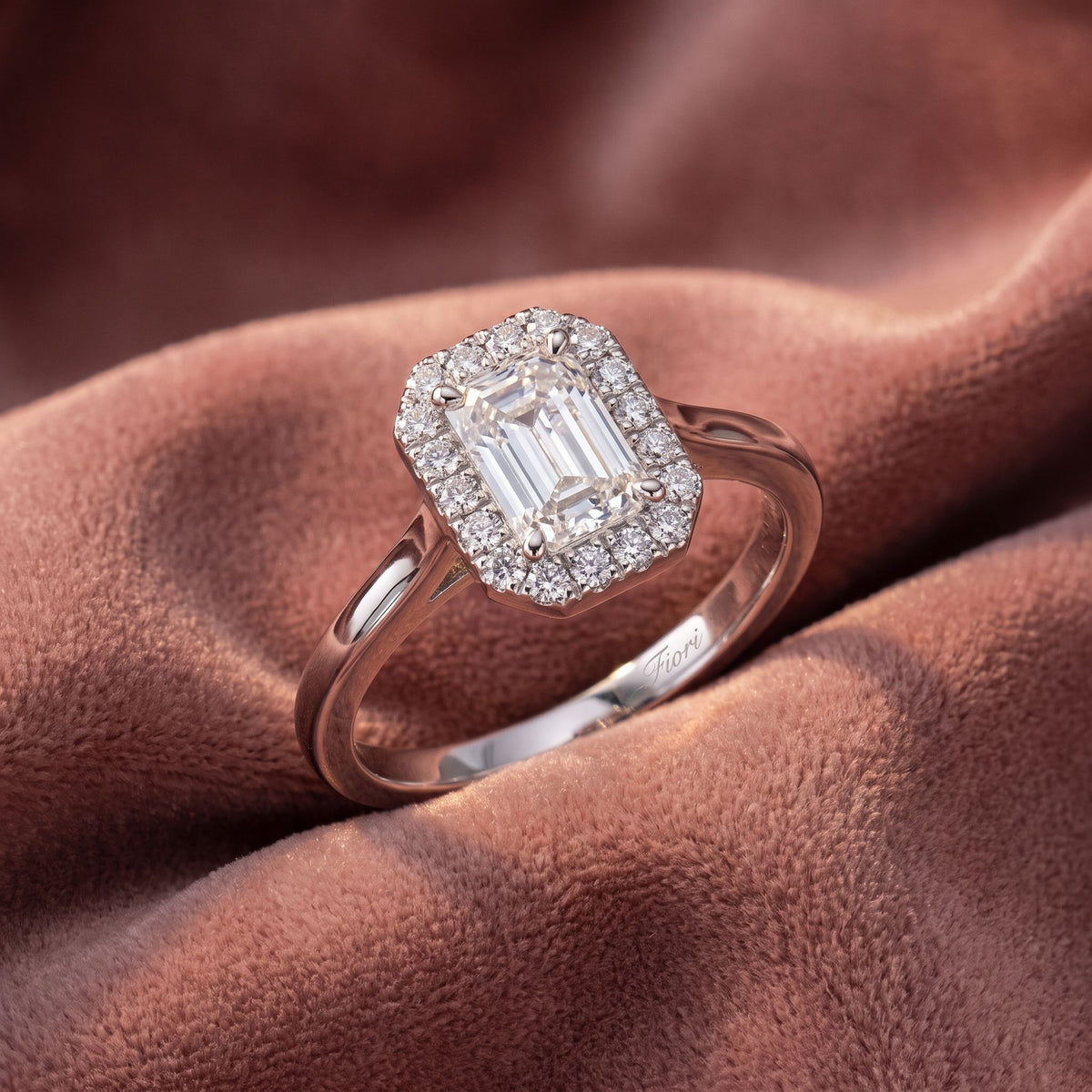 18K Halo Emerald-Cut Diamond Ring — AI cloth, in-house