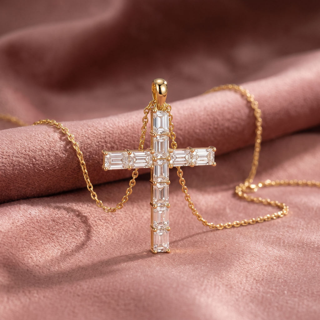 14K Cross Emerald Diamond Pendant — AI cloth, in-house