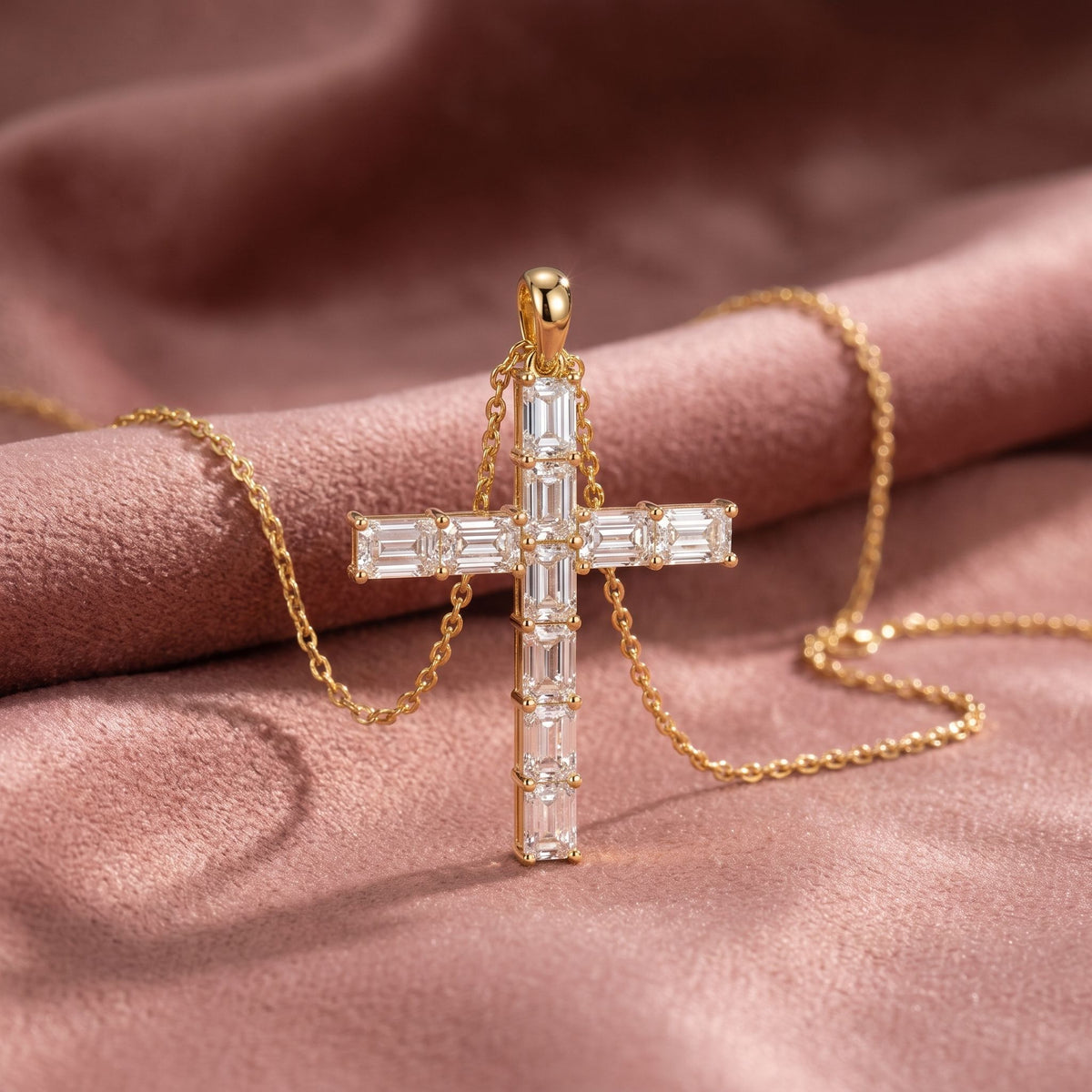 14K Cross Emerald Diamond Pendant — AI cloth, in-house
