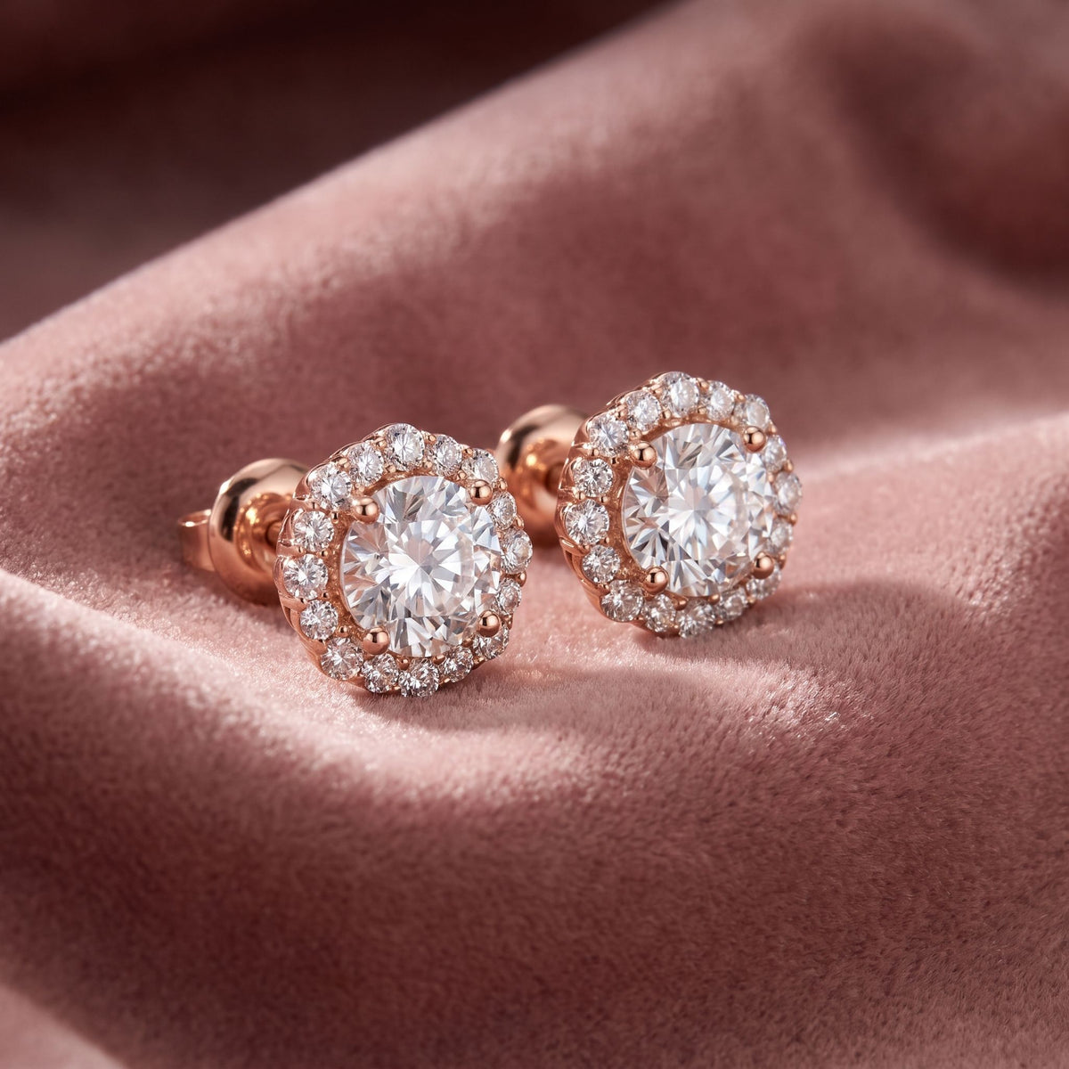 18K Floral Halo Solitaire Diamond Stud Earrings — AI cloth, in-house