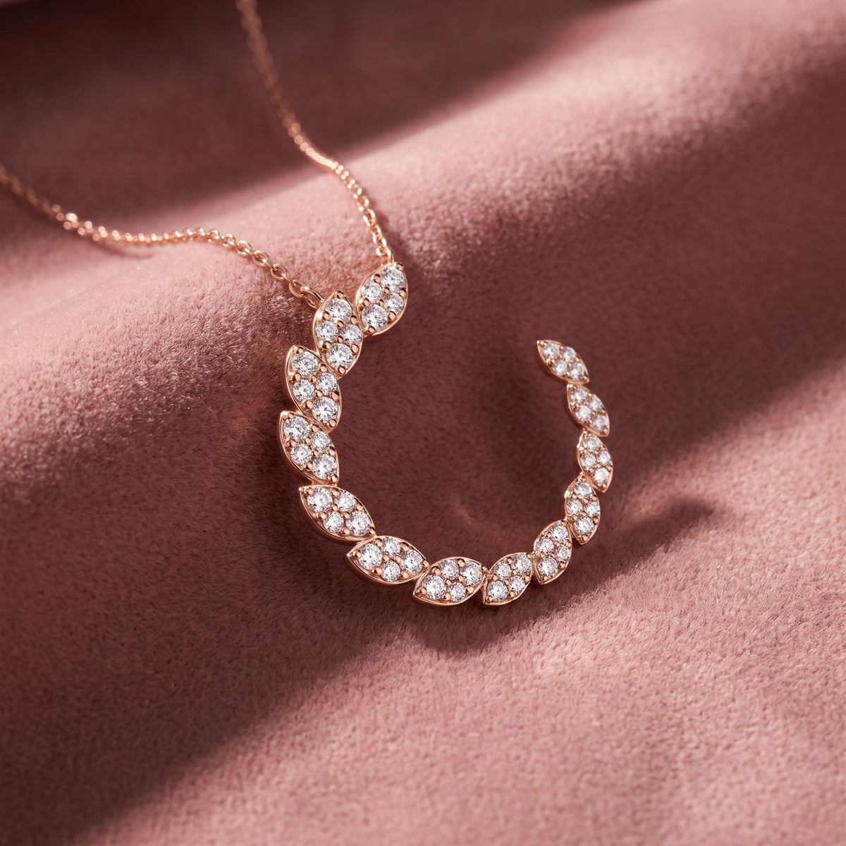 18K Crescent Round Diamond Pendant — AI cloth, in-house