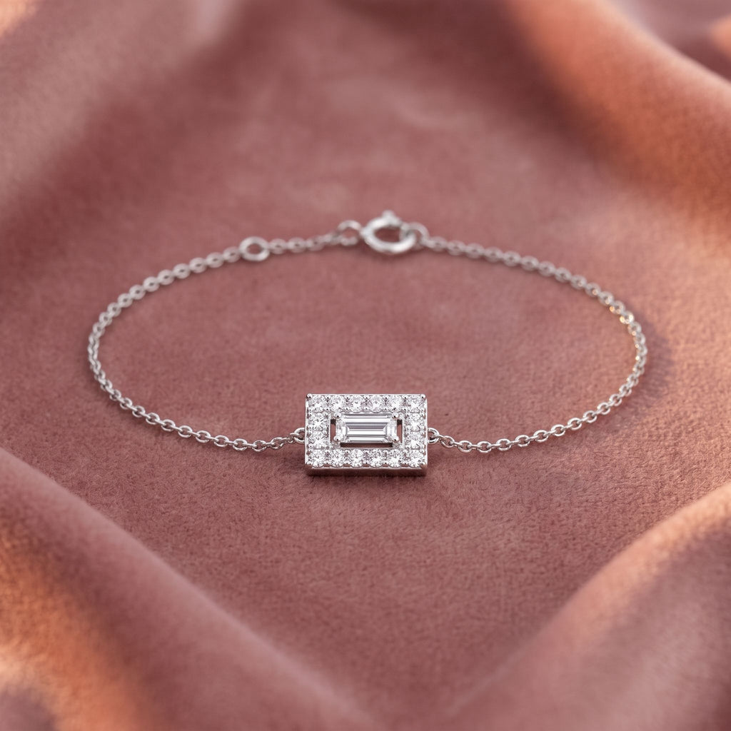 18K Gold Emerald Cut Halo Diamond Bracelet — AI cloth, in-house