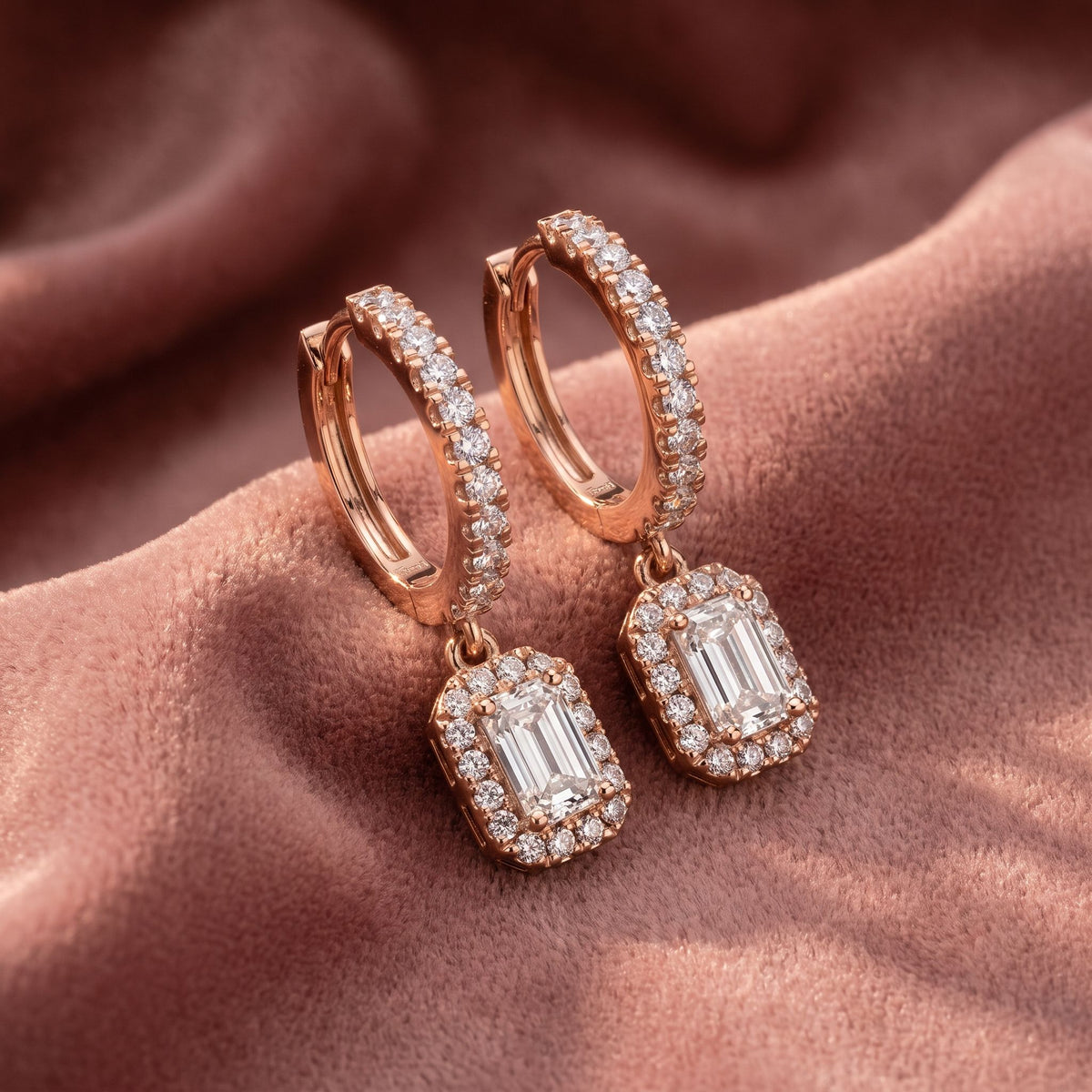 18K Emerald Halo Drop Diamond Earrings — AI cloth, in-house